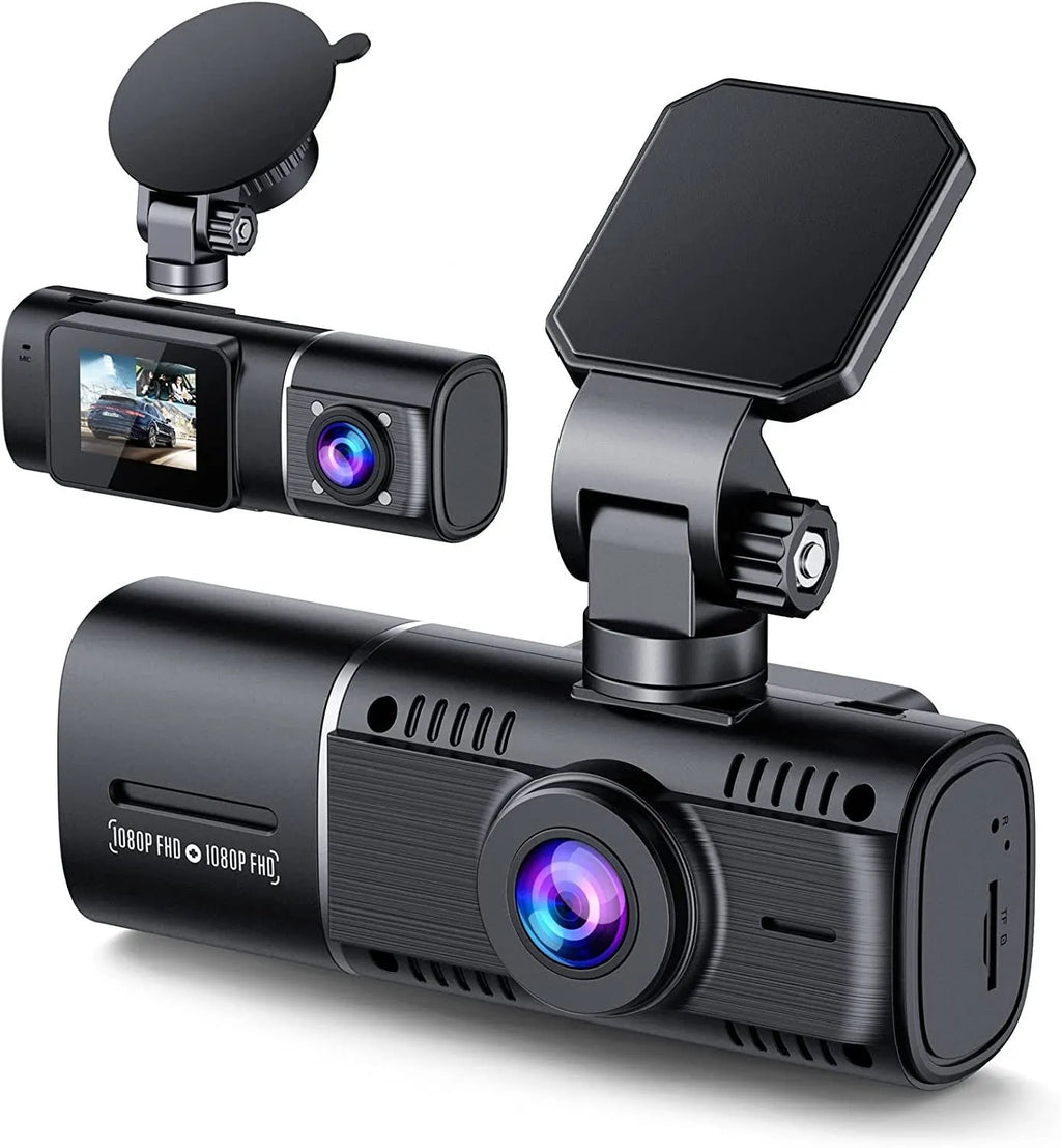 Standard black dual-channel dash camera with 1.5-inch screen on car windscreen.