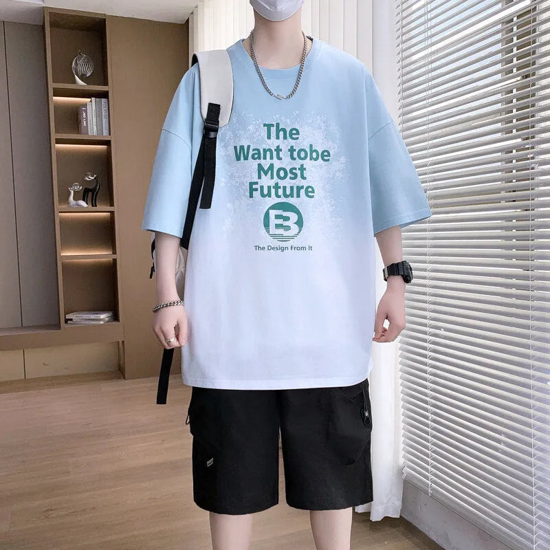 Boys youth printed T-shirt in dark blue, short sleeve, drop shoulder, cotton blend, sizes M-3XL