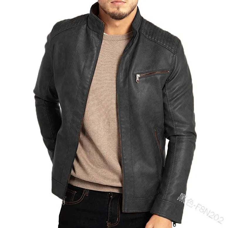 Men's brown artificial leather punk motorcycle jacket with stand collar and patch pocket