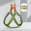 Brown vest-style dog leash on small dog showing chest strap and alloy fastener