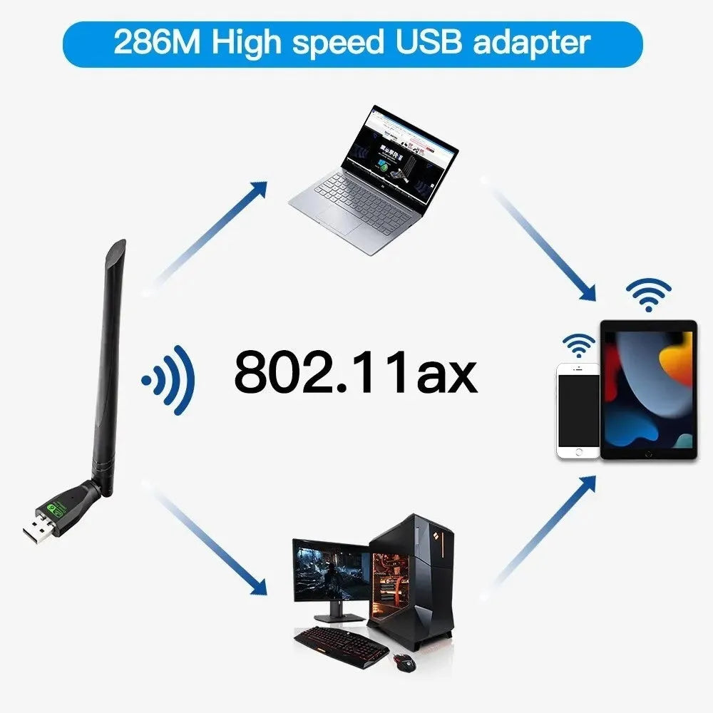 Black USB WiFi 6 wireless network card with instruction manual