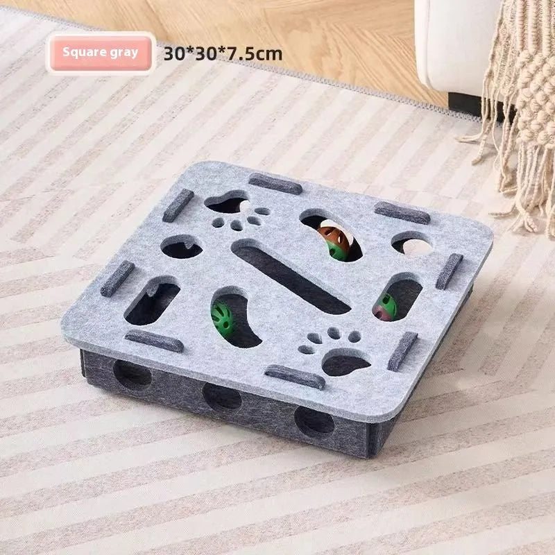 Square green brown felt cat toy box with holes for scratching and play, measuring 30cm.