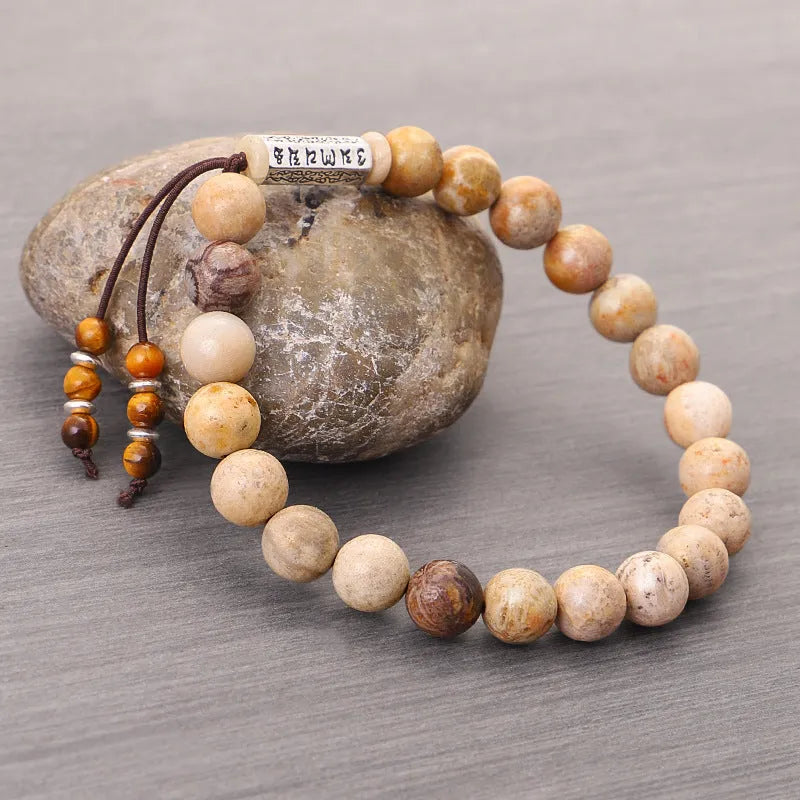 Handmade stone bead bracelet in natural wood colour with retro design