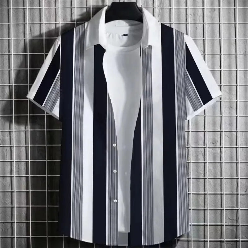 Men's linen t-shirt with 3D printed striped pattern in simple colours, showing short sleeve design