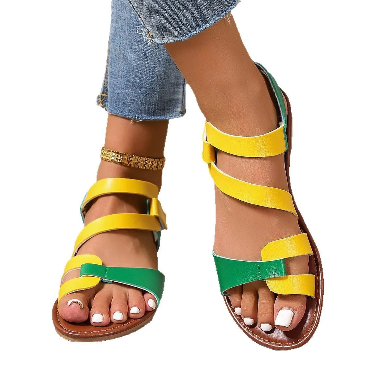 Women's flat sandals with Velcro strap in PU leather with round toe and rubber sole