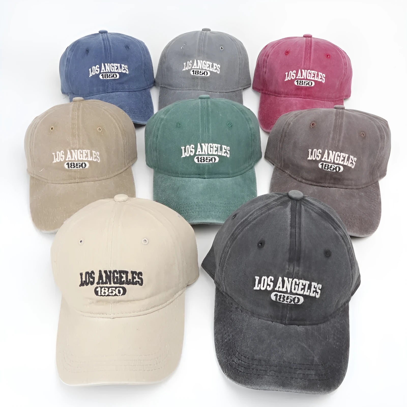 Personalised washed distressed embroidered peaked cap in acrylic fabric on adjustable head model.