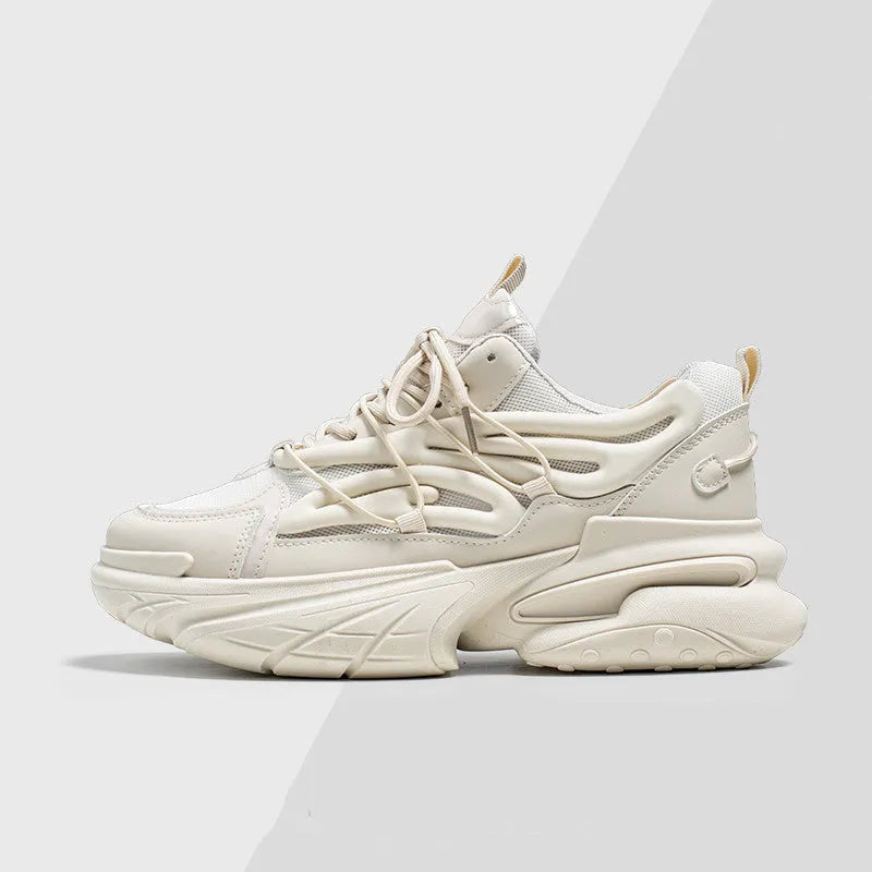 Men's low-top sneaker in beige with mesh and PU leather upper, round toe, platform heel, and lace-up front.