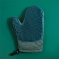Right-handed dark blue mesh pet grooming glove for removing cat and dog hair from pets and furniture.