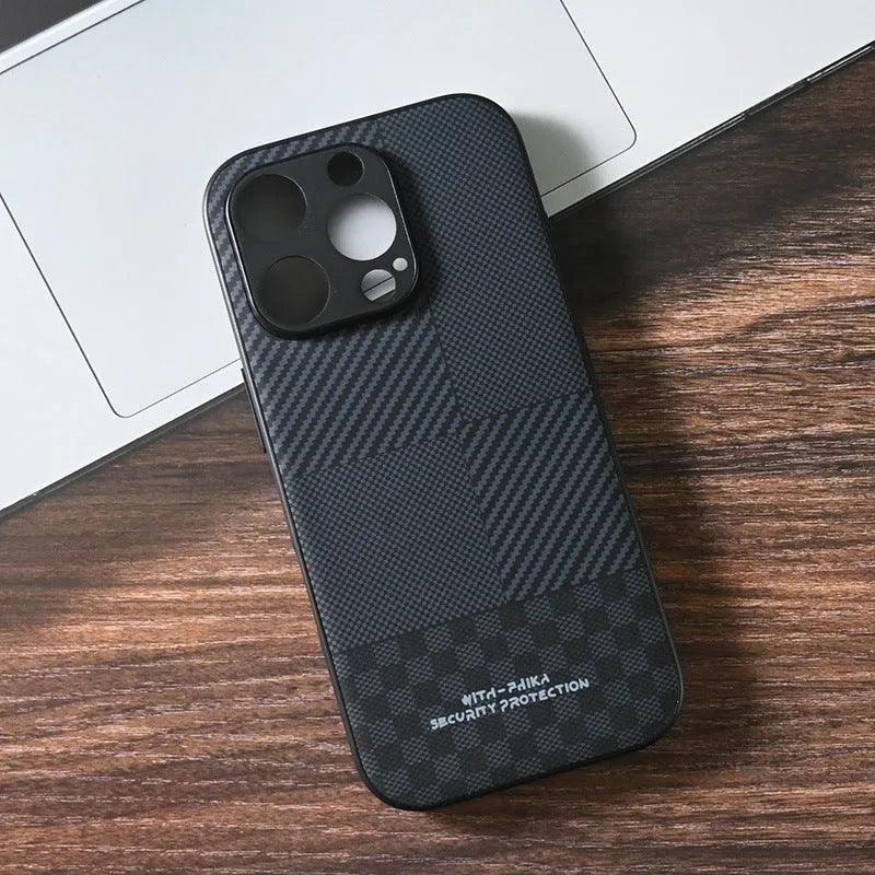 Black imitation leather iPhone case with shockproof and fingerprint-proof features, available in four pattern designs.