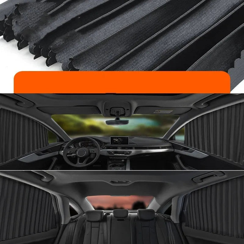 Retractable car sunshade curtain in thick opaque cloth with roller shutter mechanism