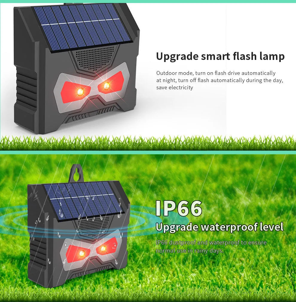 Black solar-powered ultrasonic animal repeller device for outdoor garden pest control