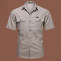 Men's loose-fit short sleeve cotton shirt in army green, laid flat showing cardigan style and non-iron fabric.