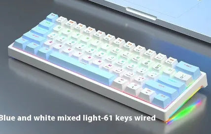 Bluish black 61-key compact mechanical keyboard with hot-swappable sockets and coloured keycaps.