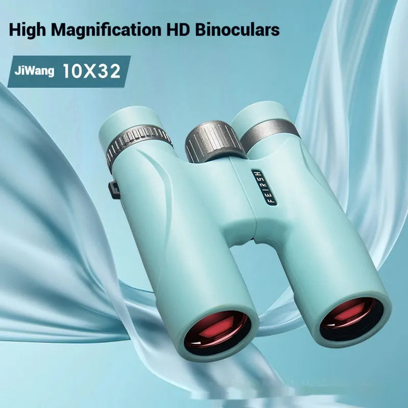 Blue or grey 10x32 plastic binoculars with wine red film imaging lenses on a flat surface.