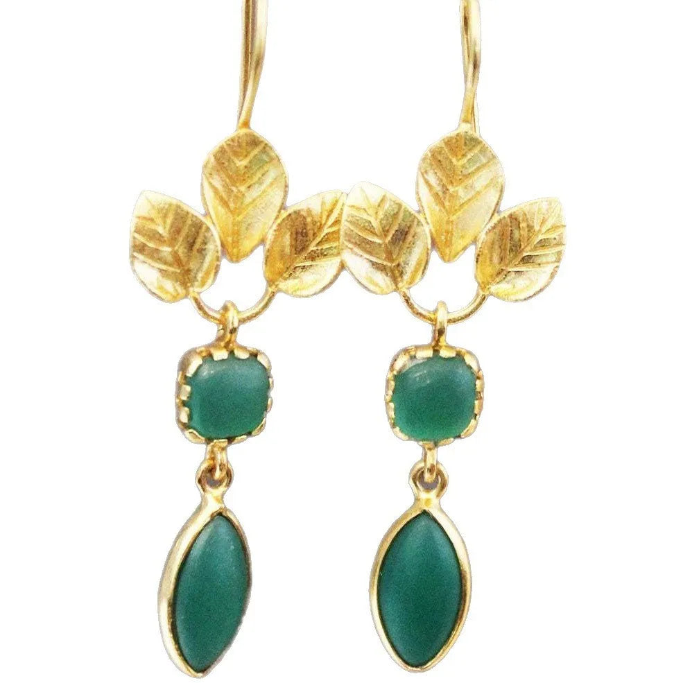 Gold French leaves tassel drop earrings with zircon accents in retro style