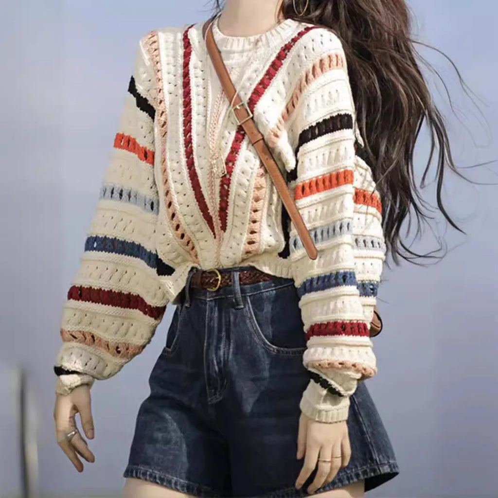 Rainbow striped hollow knit pullover sweater with batwing sleeves in loose fit casual style