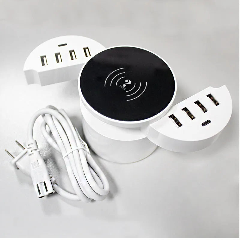 Ceramic white circular multi-port wireless charger with international plug adapters