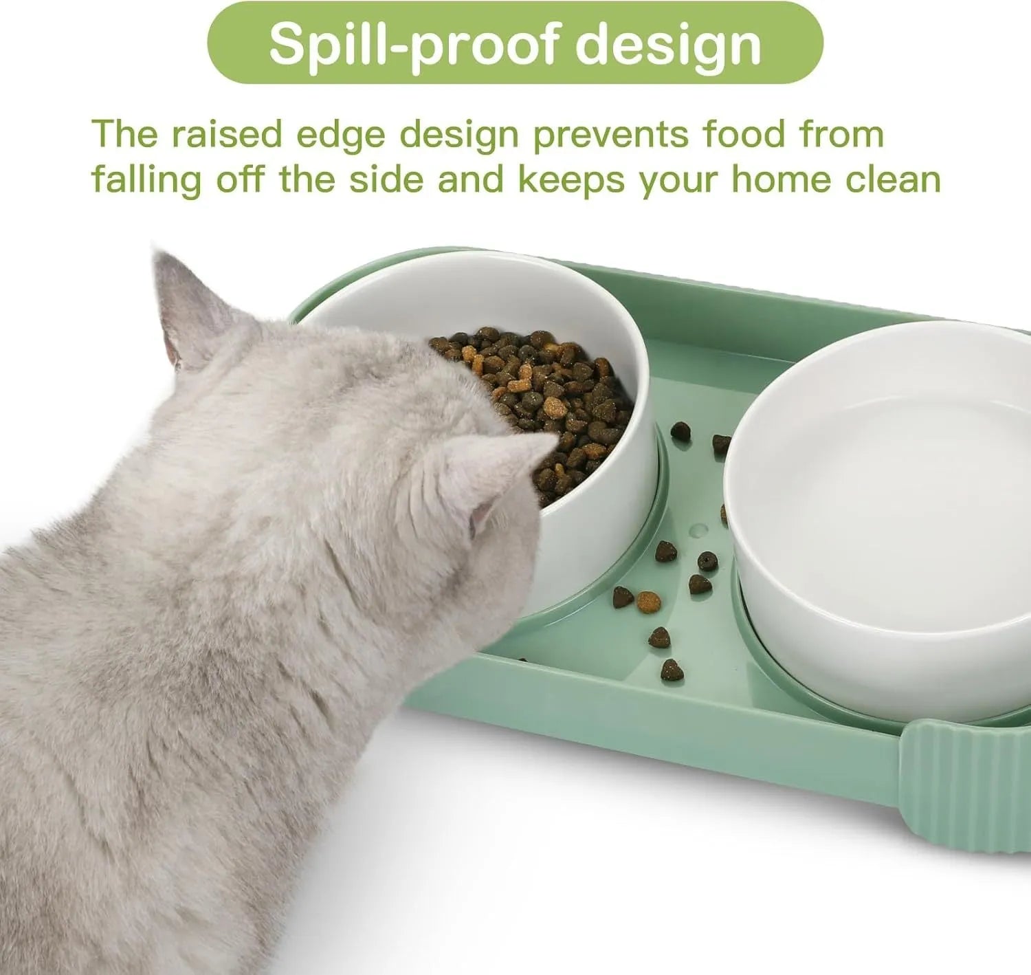 Green ceramic elevated cat bowl set with two bowls on a tilted stand.