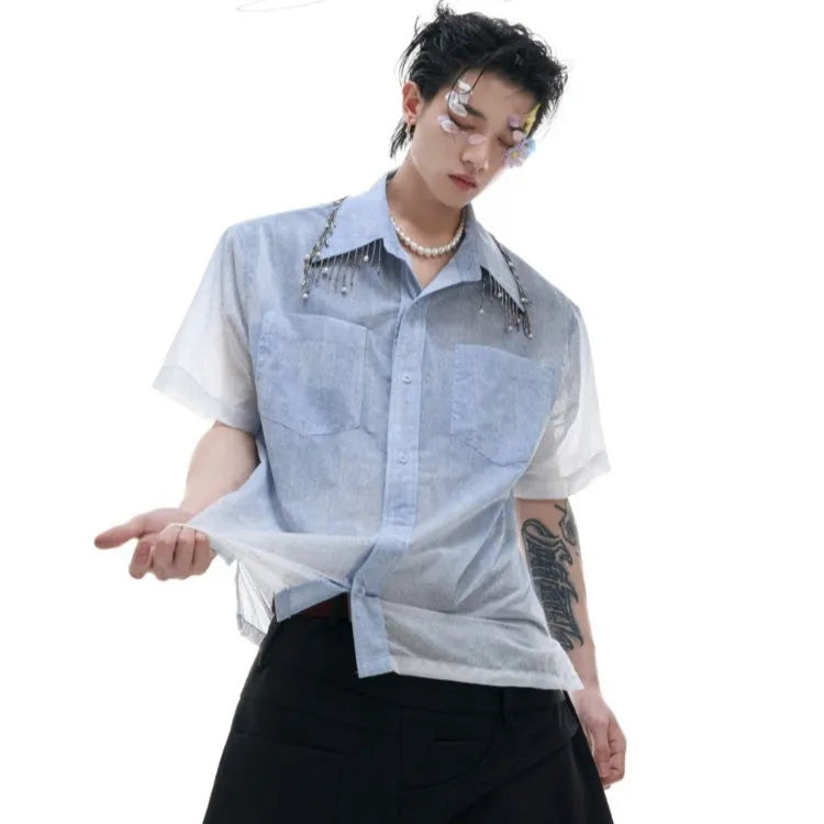 Men's loose fit blue gradient short sleeve casual shirt on a hanger