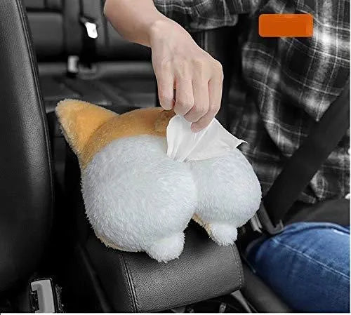 Yellow soft corgi butt shaped tissue box cover with elastic strap for hanging in car.