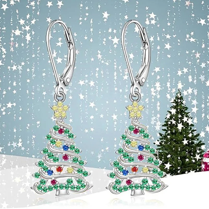 Women's Christmas tree earrings with star design in white gold colour on copper