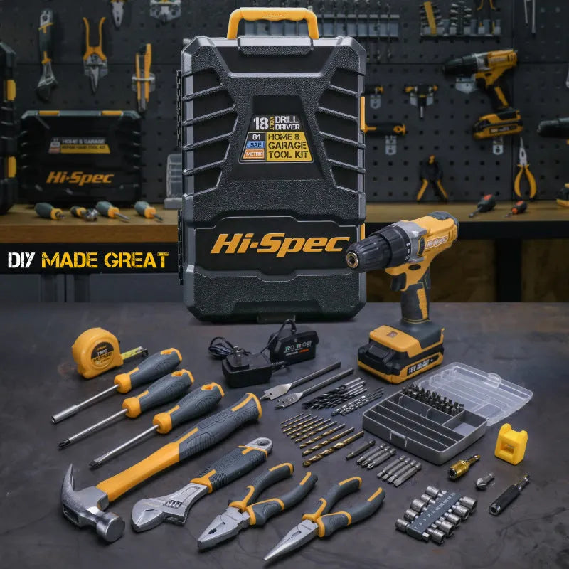 Grey and yellow toolbox containing an 82-piece chrome-vanadium steel hardware tool set for DIY repairs.