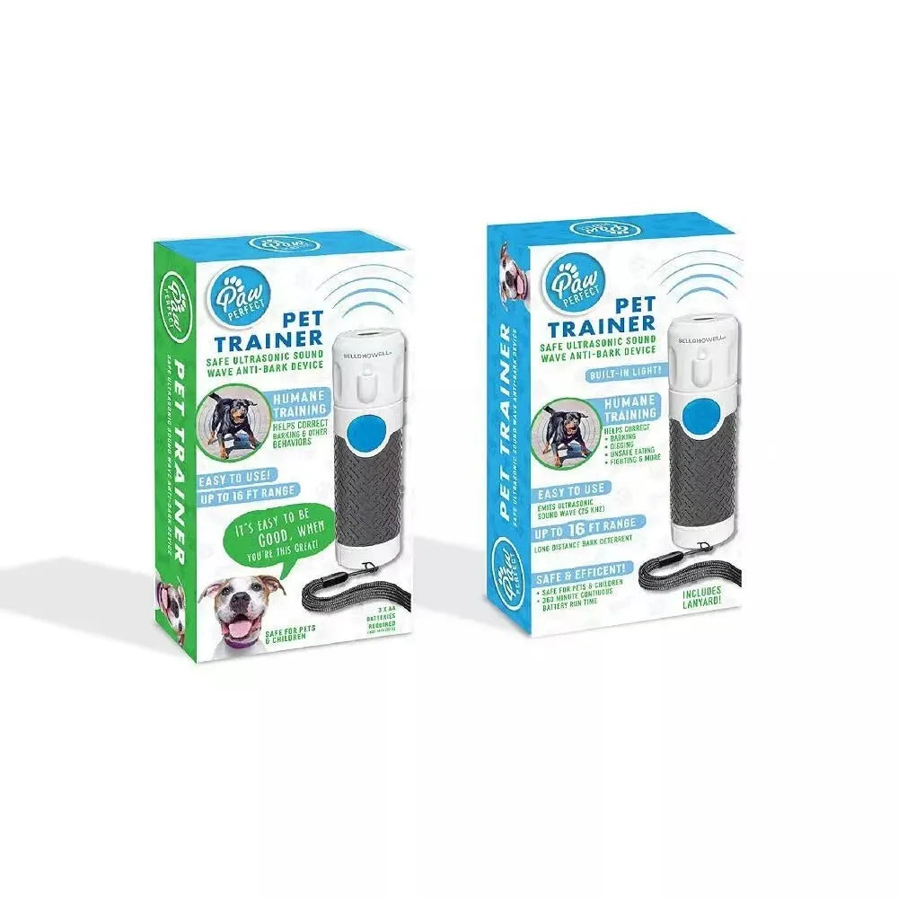 White handheld ultrasonic dog bark training device on a white background.