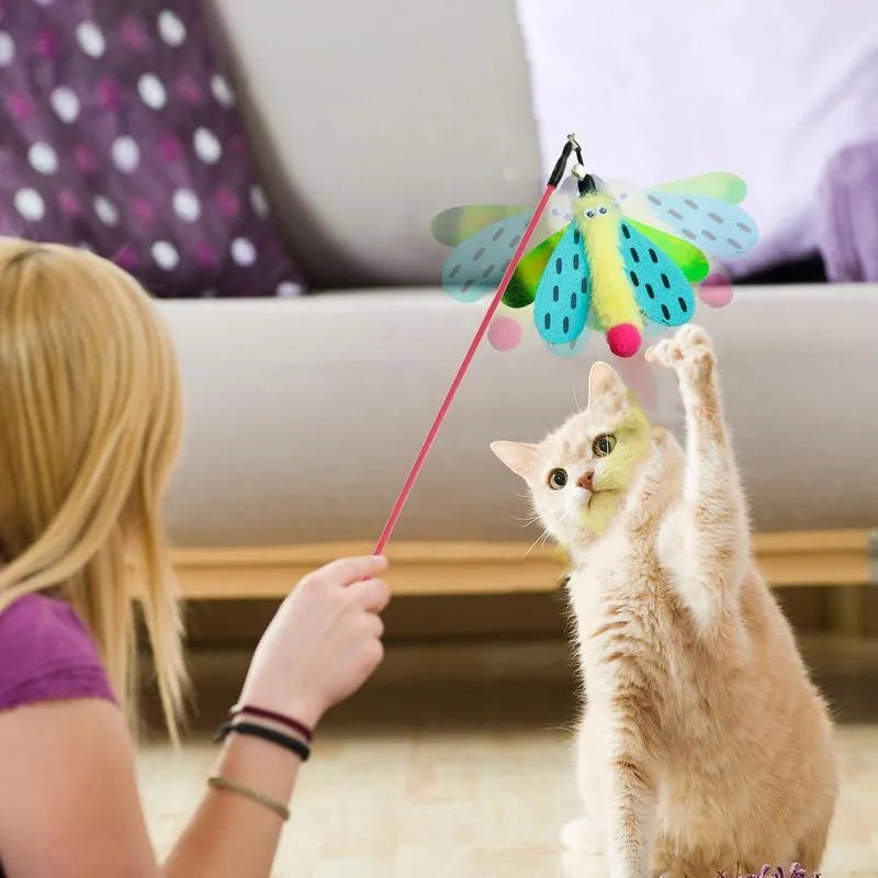 Cat wand toy with dragonfly attachment and bell for interactive indoor play with cats