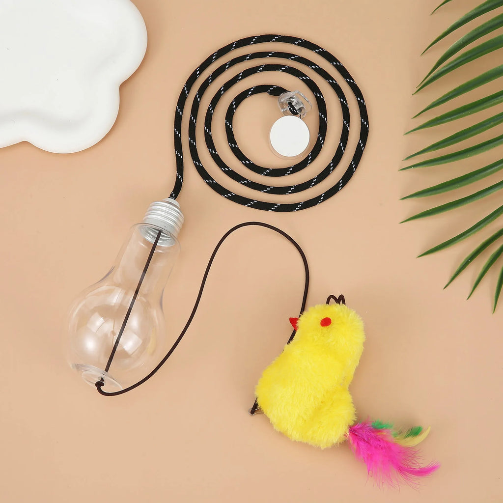 Grey and yellow retractable hanging cat toy with treat dispenser and dangling mouse attachment
