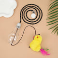 Grey and yellow retractable hanging cat toy with treat dispenser and dangling mouse attachment