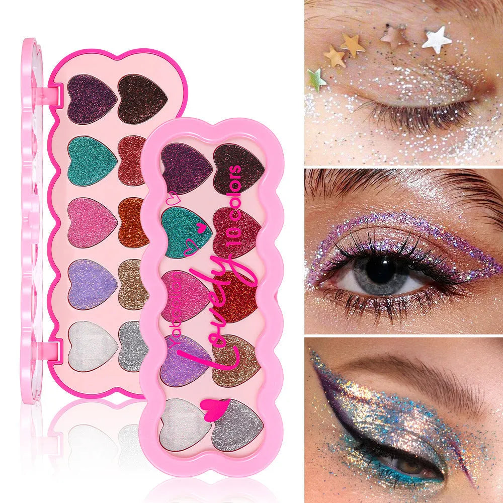 Ten-colour eye shadow palette with pearlescent heart and sequins finishes in a compact.