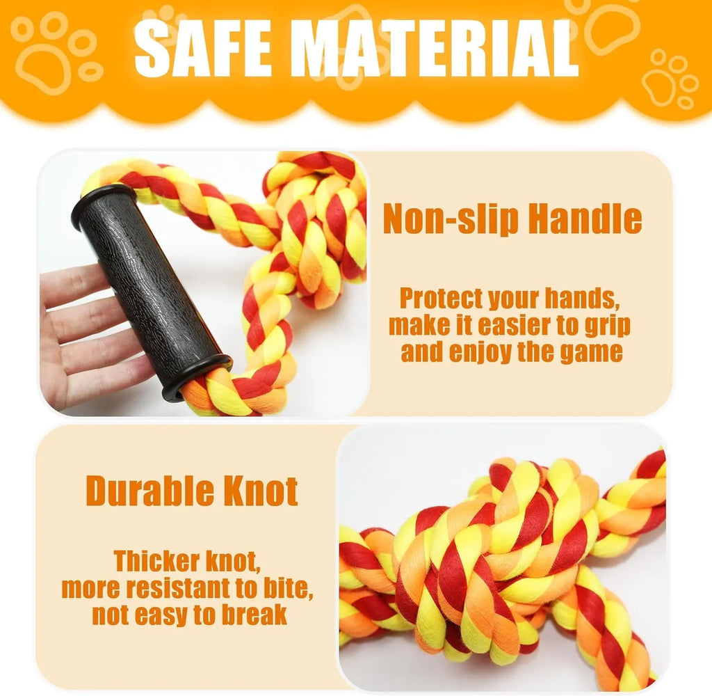 Large blue cotton dog rope toy with ergonomic handles for tug-of-war games