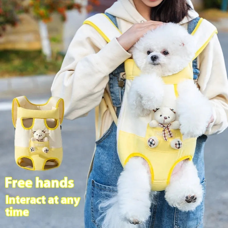 Cartoon animal print pet chest bag in soft canvas with colourful stitching, shown in Beka yellow bear design.