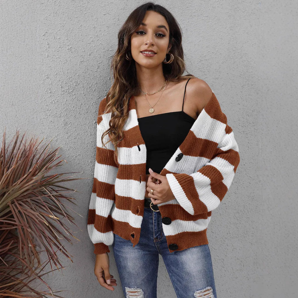 Women's striped deer plush cardigan in blue, button-front, loose street fashion fit.