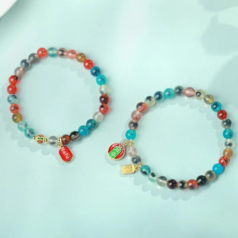 Women's natural agate bracelet with colourful sugar heart glaze and copper coin snake geometric design