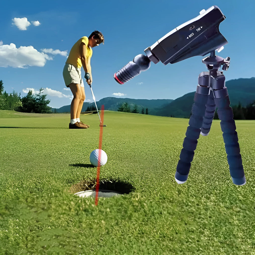 Golf putter laser aiming instrument showing laser sight, zipper box, and tripod style options.