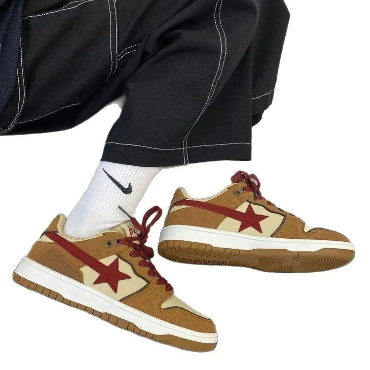 Brown women's low-top platform sneakers with sequin details, round toe, and front lace-up fastening.