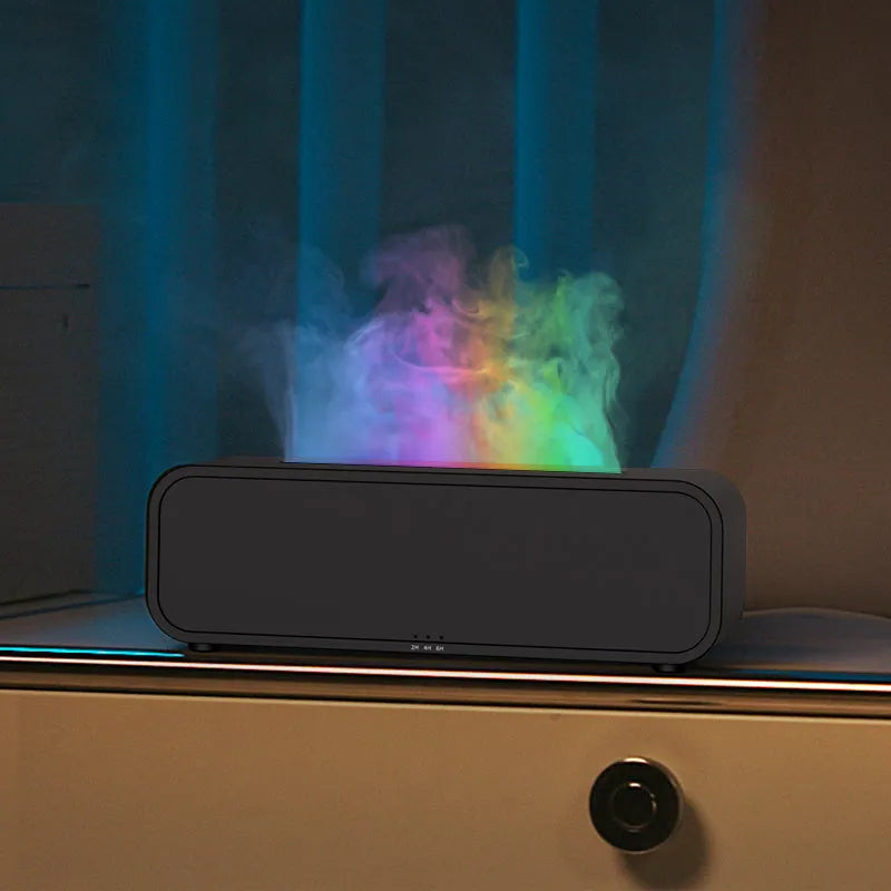 Flame Dynamic USB essential oil diffuser with remote control showing colour-changing lights