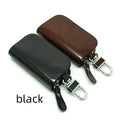 Black and brown genuine leather car key case with zipper closure showing inner dimensions