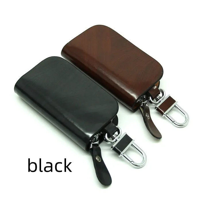 Black and brown genuine leather car key case with zipper closure showing inner dimensions