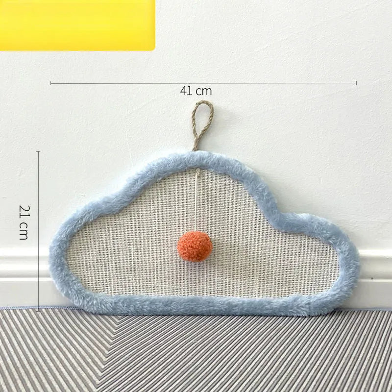 White cat scratching mat with cartoon sleeping cat design made from natural sisal