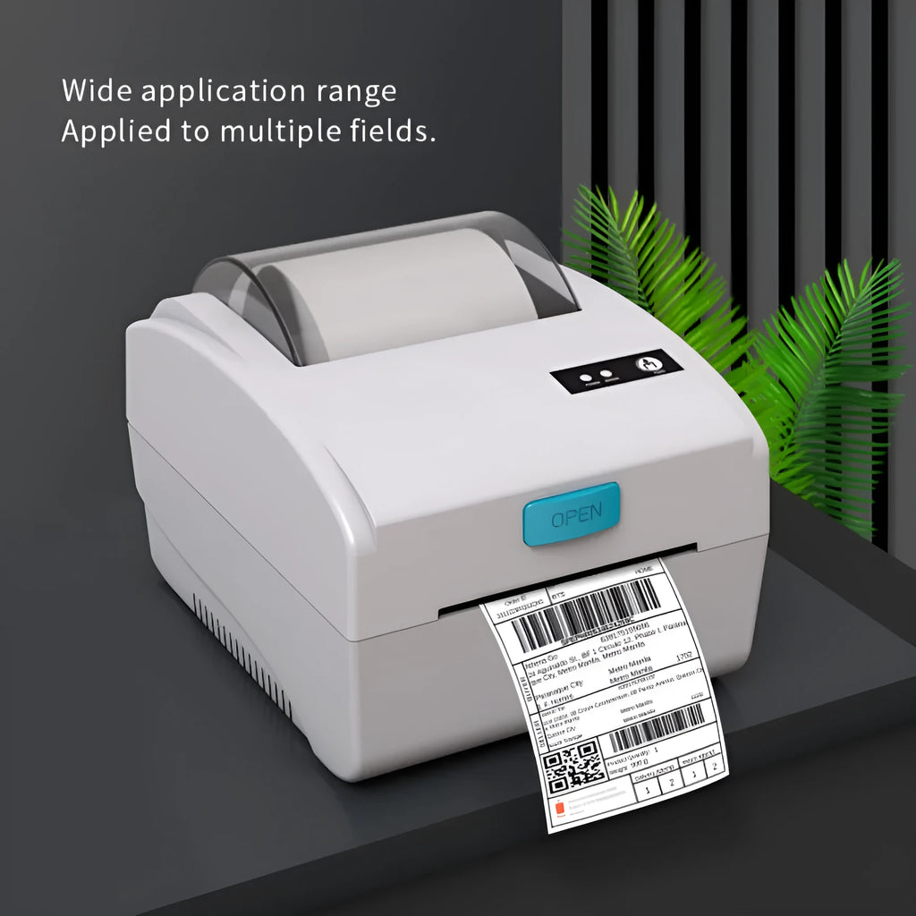 White Bluetooth heat-sensitive label printer with compact 200 x 160 x 139.5mm dimensions
