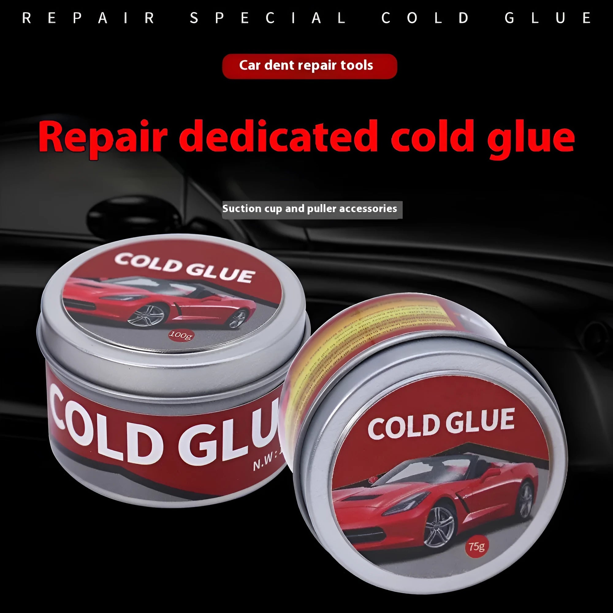 Automobile depression repair cold glue container for car bodywork in 75g and 100g sizes