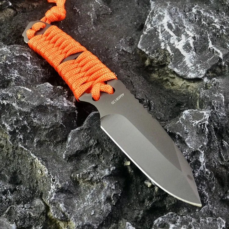 Outdoor camping rope knife with 80mm 5Cr15 steel blade, binding rope handle, and ABS sheath