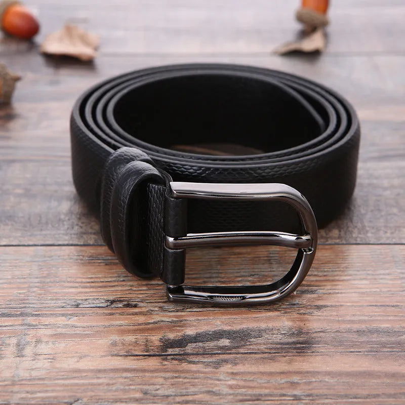 Men's business belt with electroplated alloy buckle showing laser logo pattern detail