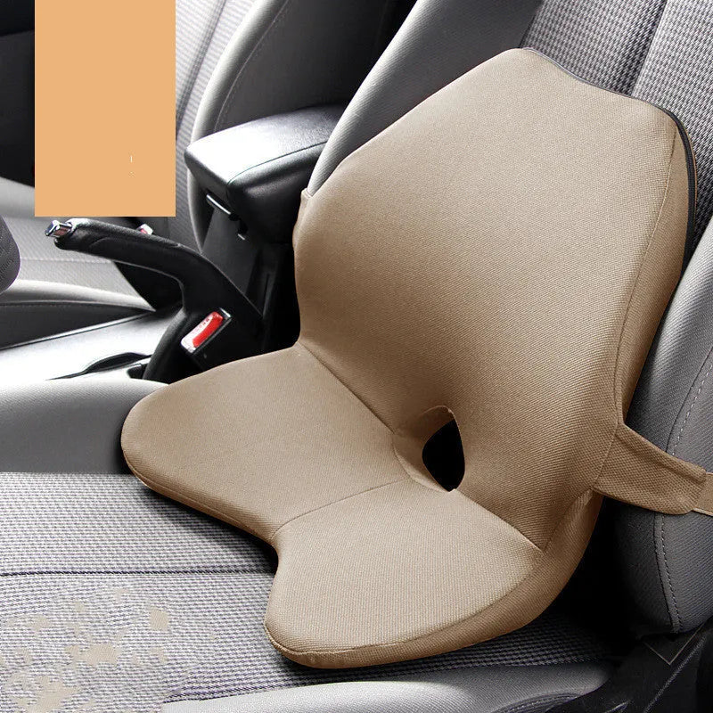 Car waist pad and headrest bundle in beige colour, made with memory cotton and a polyester cover.
