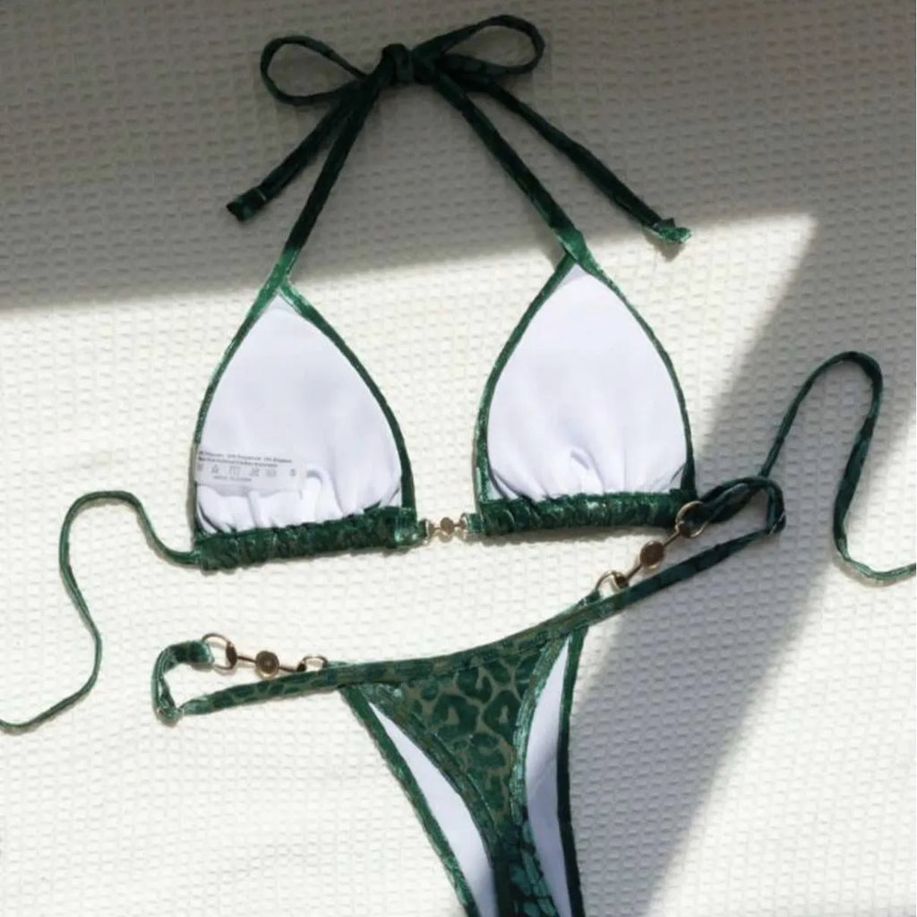 Blue leopard print swimwear bikini set with polyester and spandex fabric