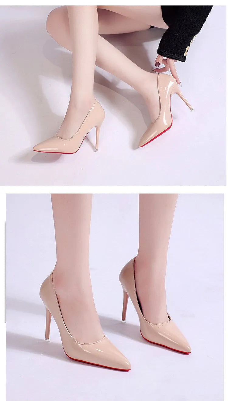 Women's black pointed toe stiletto pump with a shallow mouth on a rubber sole.