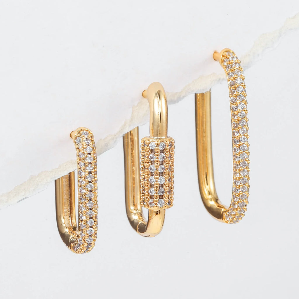 Geometric ear clip three-piece set with micro inlaid zircon stones in gold and white K colours