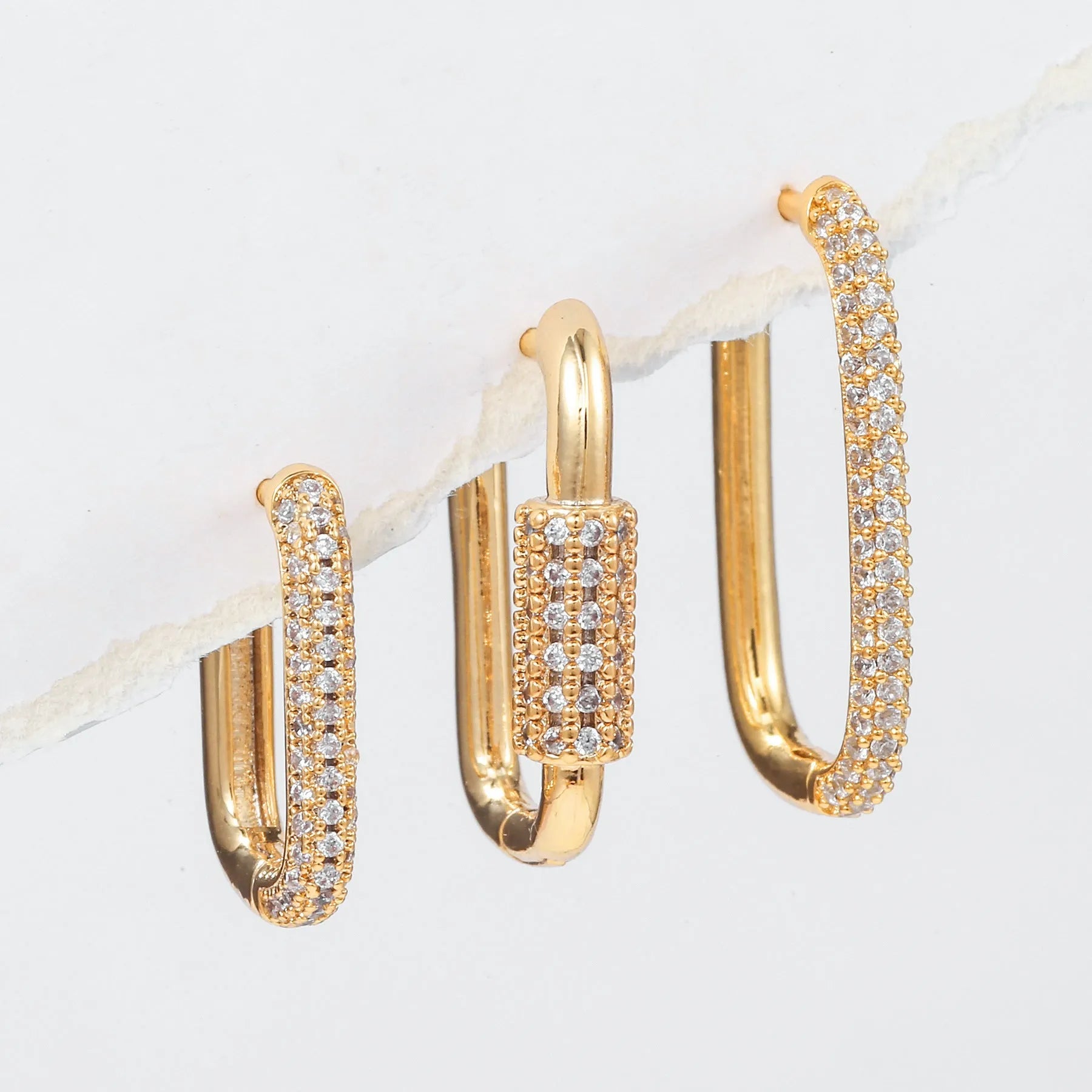 Geometric ear clip three-piece set with micro inlaid zircon stones in gold and white K colours